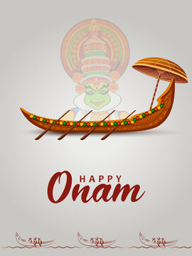 Happy Onam Luxury Greeting Card with Golden Temple Illustration Vector
