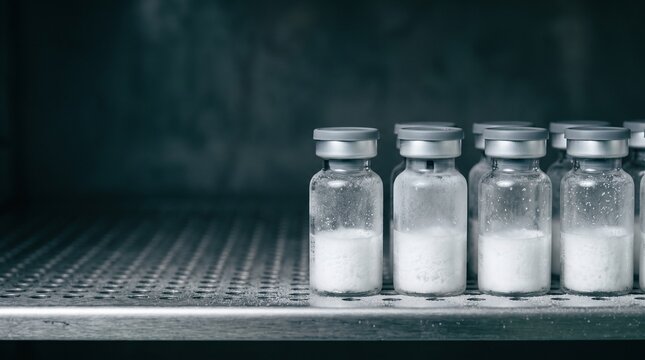 Close-up Of Medical Vials With White Powder On A Perforated Metal Surface In A Scientific Setting