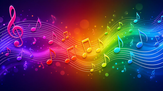 Vibrant abstract background featuring glowing music notes and a treble clef flowing along a wavy staff line, transitioning through rainbow colors from pink and blue to green, yellow, and orange on a d