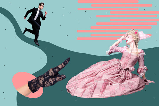 Exclusive magazine sketch collage image of happy duchess girl lay path wear retro dress rococo hand glove man run road doodle