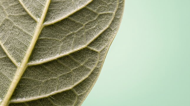 Vibrant Close-up Of A Green Leaf With Detailed Veins And Textured Surface On A Pale Mint Background