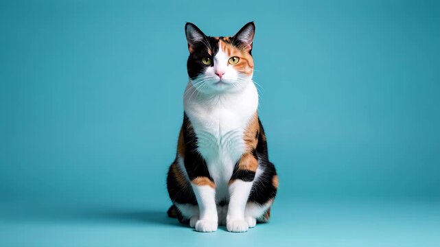 Calico Cat Portrait on Turquoise Background.