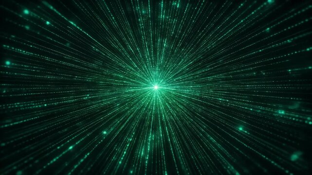Green digital particles radiating outward in a futuristic data burst