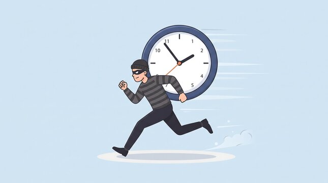Thief Stealing Time Concept Vector Illustration - Masked Burglar Running with Giant Clock, Time Theft, Deadline Pressure, Time Management Flat Design Cartoon Character Icon
