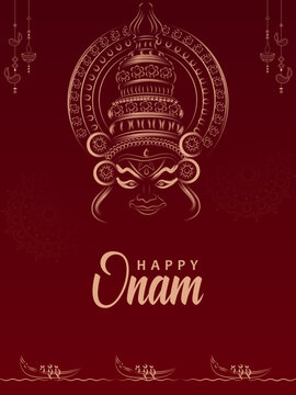 Happy Onam Greeting Background with Kathakali Face Illustration Vector