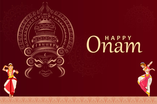 Happy Onam Greeting Background with Kathakali Face Illustration Vector