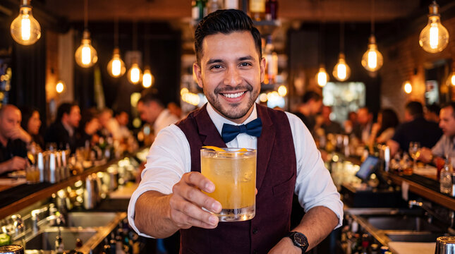 Bartender serves a drink at a busy bar during an evening event