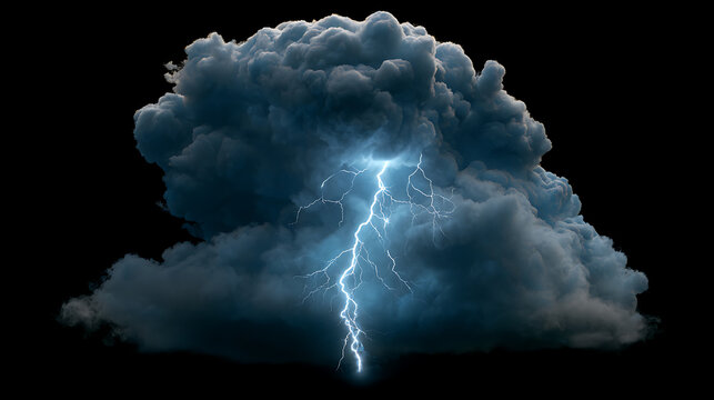 Lightning bolt strikes through a dark thundercloud on a black background