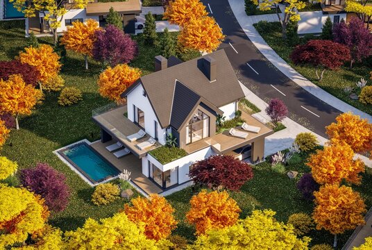 3d rendering of contemporary architectural luxury house exterior. Modern Scandinavian style family home with a white plaster walls, beautiful garden. Clear sunny autumn day with golden leaves anywhere