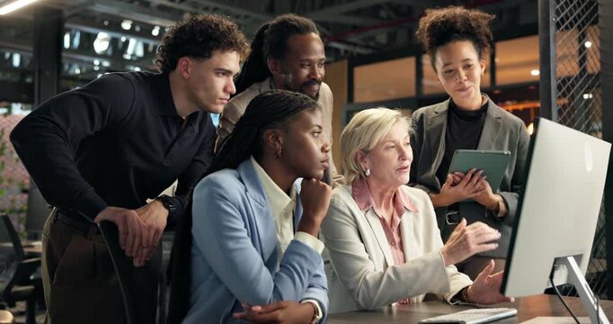 Computer, group and discussion with manager in office for financial project, planning or teamwork. Tech, collaboration and people talking in meeting for strategy, investment idea or problem solving