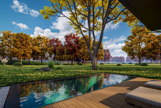 3d rendering of contemporary architectural luxury house exterior. Modern Scandinavian style family home with a white plaster walls, beautiful garden. Clear sunny autumn day with golden leaves anywhere