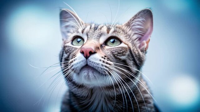 Curious Tabby Cat Portrait in Soft Blue Light.