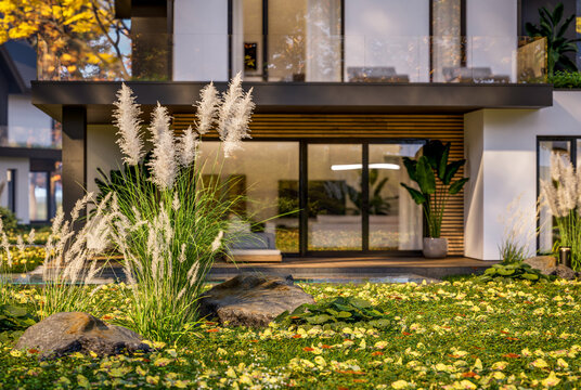 3d rendering of contemporary architectural luxury house exterior. Modern Scandinavian style family home with a white plaster walls, beautiful garden. Clear sunny autumn day with golden leaves anywhere