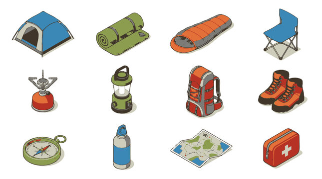 Collection of isometric camping and hiking equipment icons on a white background.
