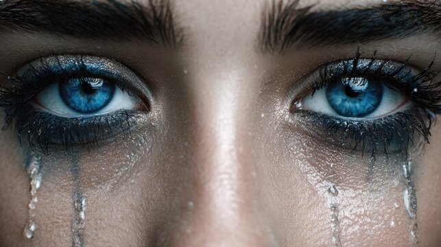 close up of a teary blue eye with smeared makeup and emotional expression