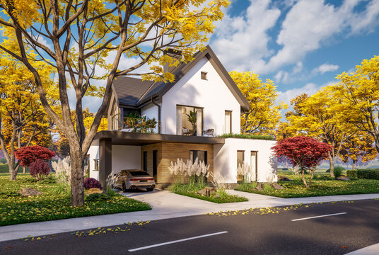 3d rendering of contemporary architectural luxury house exterior. Modern Scandinavian style family home with a white plaster walls, beautiful garden. Clear sunny autumn day with golden leaves anywhere