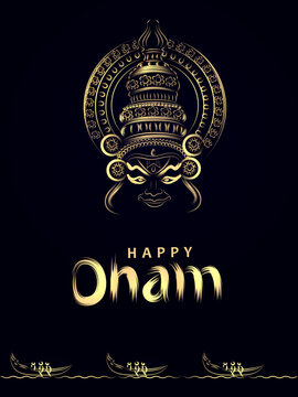 Happy Onam Greeting Background with Kathakali Face Illustration Vector