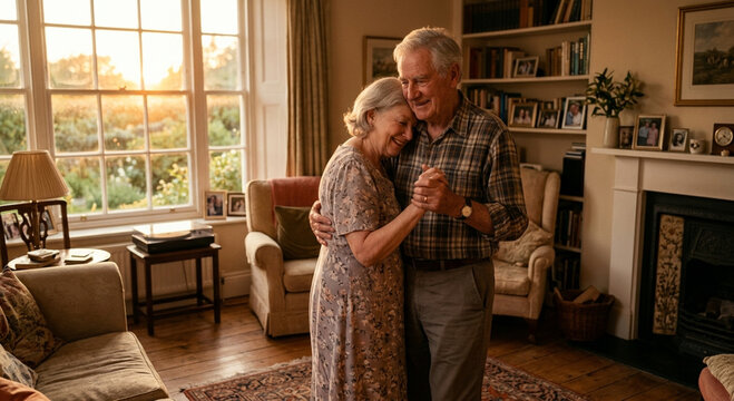 Happy Senior Couple Dancing Together in Cozy Living Room at Sunset