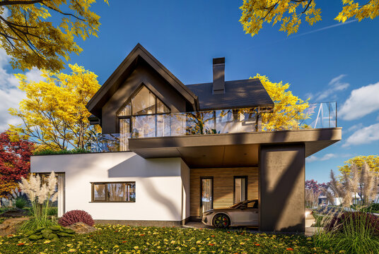 3d rendering of contemporary architectural luxury house exterior. Modern Scandinavian style family home with a white plaster walls, beautiful garden. Clear sunny autumn day with golden leaves anywhere