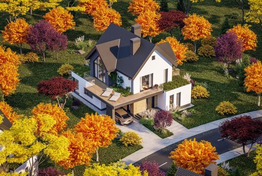 3d rendering of contemporary architectural luxury house exterior. Modern Scandinavian style family home with a white plaster walls, beautiful garden. Clear sunny autumn day with golden leaves anywhere