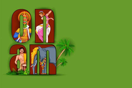 Happy Onam Vertical Typography Poster with Kerala Festival Illustration Vector