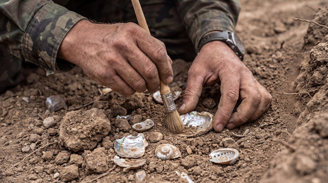 Archaeologist uncovering shells and artifacts from the ground at a dig site