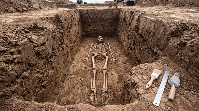 Excavation of a skeleton during an archaeological dig in a rural area