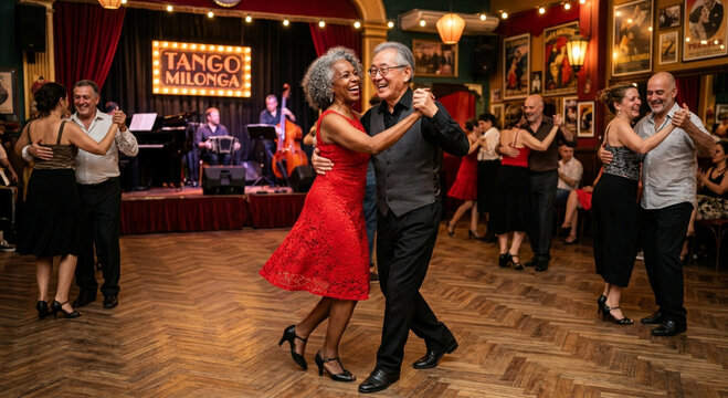 Joyful Senior Diverse Couple Dancing Argentine Tango in a Traditional Milonga Ballroom with Live Band