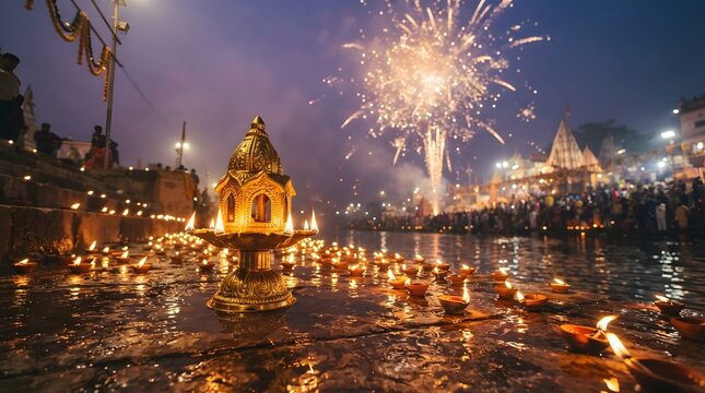 Traditional diya lamp on the ghats of varanasi during diwali festival with fireworks in the night sky and devotees celebrating by the river ganges