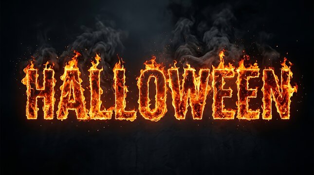 Fiery halloween lettering with a spooky background of silhouetted trees and dark skies