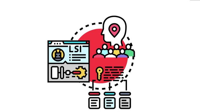 Digital showing a human head with a target pin. A group of people. And a web browser with lsi