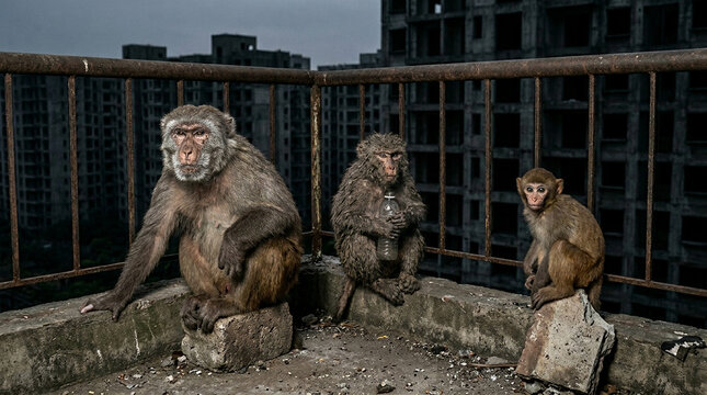 Three Monkeys Sitting Ledge City Background