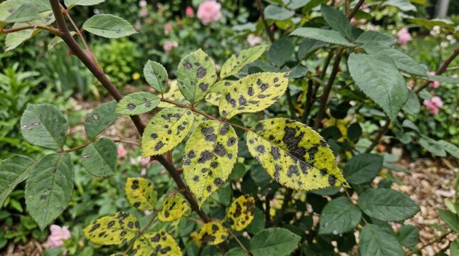 Close-up of rose leaves infected with black spot disease. Yellowing foliage with dark fungal spots in a garden setting