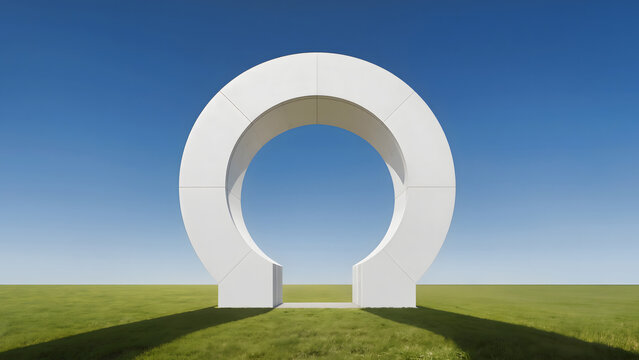 A monumental white circular portal stands on a vivid emerald green landscape, creating a bold minimalist architectural composition with strong sunlight, shadows and open space.