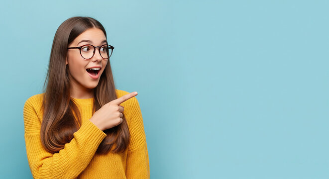Excited little girl pointing right against a blue background, perfect for professional presentations and modern designs