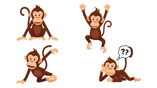 Four cartoon monkeys in different poses, isolated on a white background.
