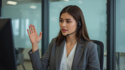 Fototapeta premium Support agent Asian woman headset raised hand office