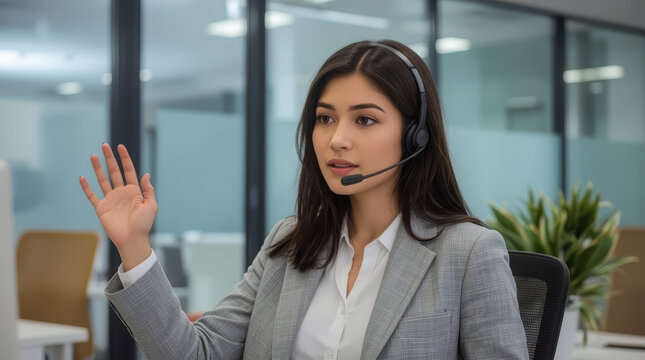 Asian female support agent raising hand during customer service call