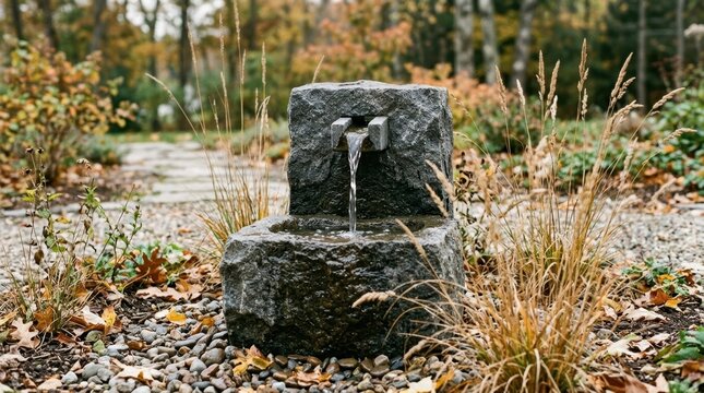Granite water fountain flowing in an autumn garden. Square stone basin surrounded by pebbles and fallen leaves. Outdoor landscaping feature
