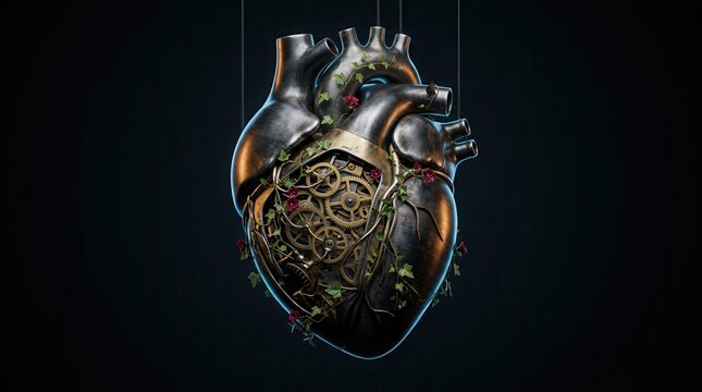 Mechanical heart with growing vines and golden gears on a dark background.
