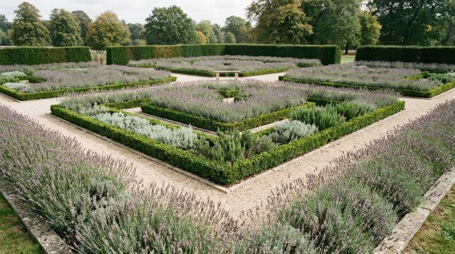 Wide view of a formal parterre garden with geometric lavender beds. Structured boxwood hedges and gravel paths with a stone bench. Classic English landscape design