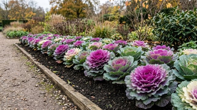 Ornamental cabbage border along a gravel path. Flowering kale with purple and white centers in an autumn garden