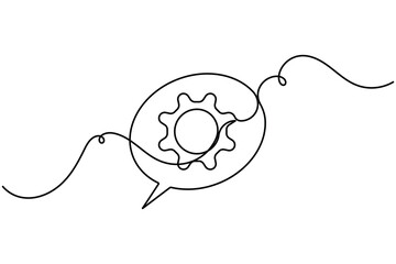 Obraz premium Communication gear in speech bubble sign continuous one line drawing on white background minimalist single art technology feedback for message and comment symbol editable outline vector illustration