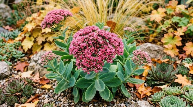 Pink sedum stonecrop flowers blooming in an autumn succulent garden. Close up of flowering perennial plant with fleshy green leaves