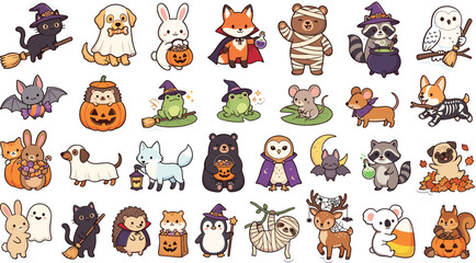 Naklejka premium Halloween animal characters in costumes with pumpkins witches and spooky seasonal elements