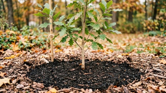 Young oak tree sapling planted in rich organic compost. Gardening and reforestation concept