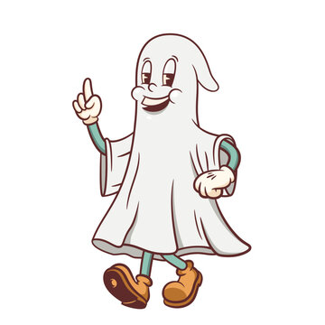 Halloween Groovy Ghost with Pumpkin Retro Character Illustration. Cartoon Personage Walking and Smiling. Vector Autumn Holiday Mascot Template. Happy Vintage Cool Doodle Drawing Isolated