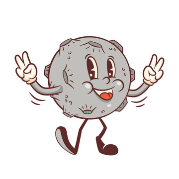 Halloween Groovy Moon Retro Character. Cartoon Spooky Personage Dancing, showing Victory Gestures. Vector Autumn Holiday Funny Mascot Template. Happy Vintage Cool Scary Planet Illustration Isolated