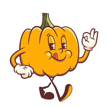 Halloween Groovy Pumpkin Retro Character. Cartoon Jack O Lantern Walking and Smiling showing OK gesture. Vector Autumn Holiday Mascot Template. Happy Vintage Cool Illustration Isolated