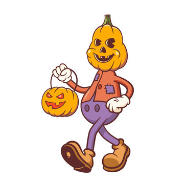 Halloween Groovy Pumpkin Retro Character. Cartoon Scarecrow with Jack O Lantern Walking and Smiling. Vector Autumn Holiday Mascot Template. Happy Vintage Cool Illustration Isolated